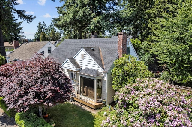 354 Farallone Ave, Fircrest, WA 98466 - view of front of property featuring a chimney, a deck, and a shingled roof
