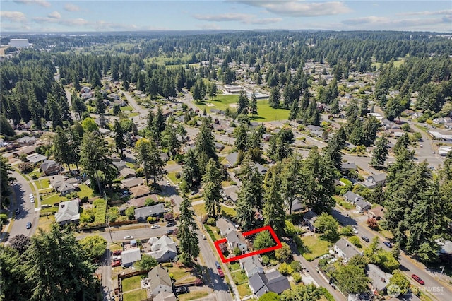 354 Farallone Ave, Fircrest, WA 98466 - aerial overview of property's location with property boundaries highlighted, a forest, and nearby suburban area