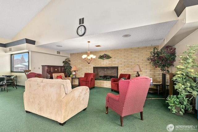 1402 22nd St NE Unit 515, Auburn, WA 98002 - living room with carpet, a chandelier, high vaulted ceiling, brick wall, and a brick fireplace