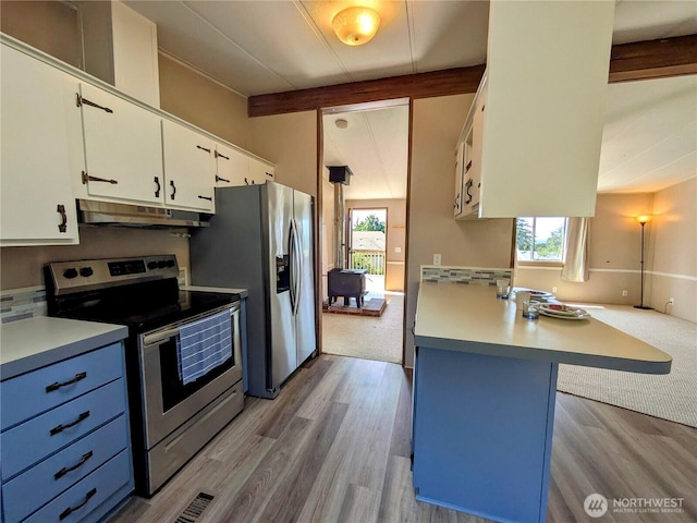 201 Hemlock St, Orcas Island, WA 98245 - kitchen featuring appliances with stainless steel finishes, under cabinet range hood, healthy amount of natural light, and white cabinets