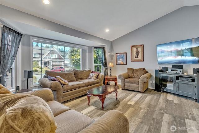32116 Sunny Ln, Black Diamond, WA 98010 - living area with vaulted ceiling, light wood-style flooring, baseboards, and recessed lighting