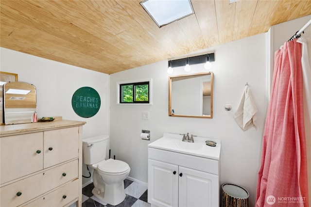 18482 Pull And Be Damned Rd, La Conner, WA 98257 - bathroom featuring vanity, wooden ceiling, toilet, and a shower with curtain