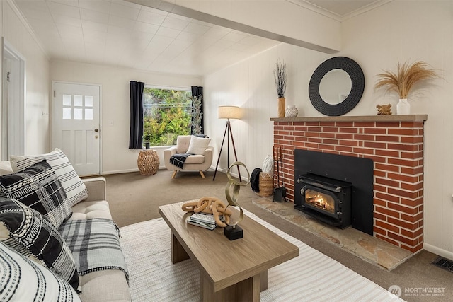 5011 5th Ave NE, Seattle, WA 98105 - living area featuring carpet floors, ornamental molding, a fireplace, and baseboards