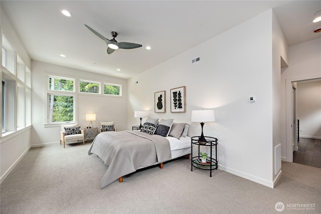 6050 Chorus Frog St NE, Bainbridge Island, WA 98110 - carpeted bedroom with baseboards, recessed lighting, and ceiling fan