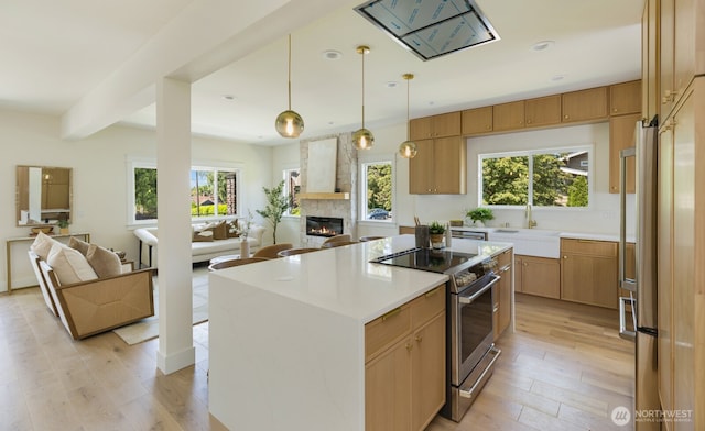 3304 37th Ave S, Seattle, WA 98144 - kitchen with stainless steel appliances, open floor plan, light wood-style flooring, a large fireplace, and recessed lighting