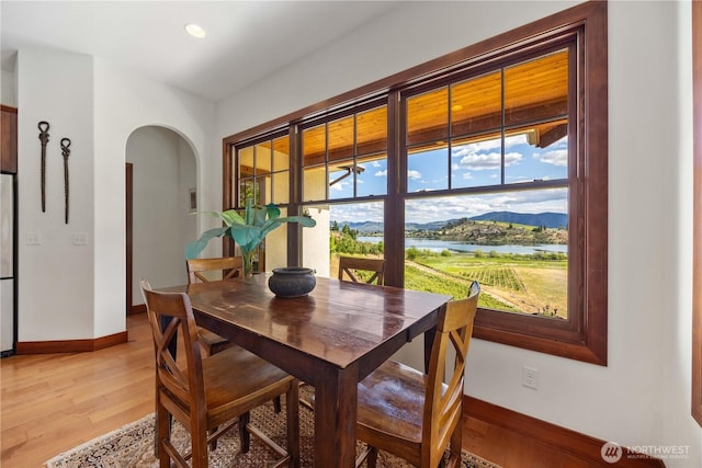 134 Borealis Ln, Manson, WA 98831 - dining space featuring arched walkways, baseboards, light wood-style floors, and a water view
