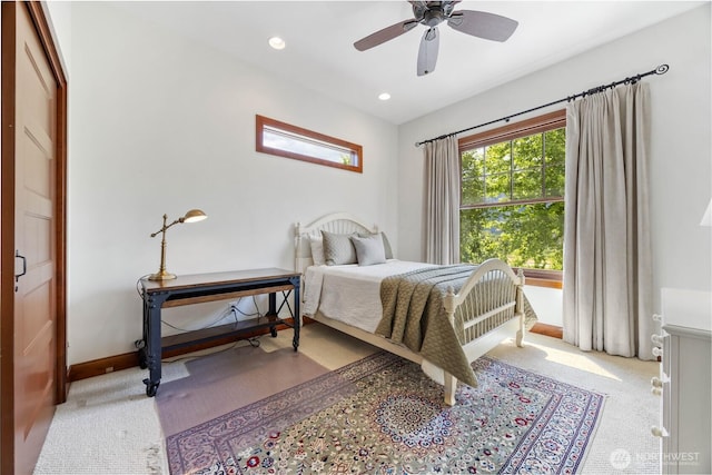 134 Borealis Ln, Manson, WA 98831 - bedroom featuring baseboards, carpet flooring, recessed lighting, and ceiling fan