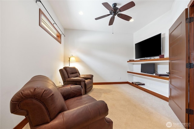 134 Borealis Ln, Manson, WA 98831 - carpeted living area with baseboards, ceiling fan, and recessed lighting