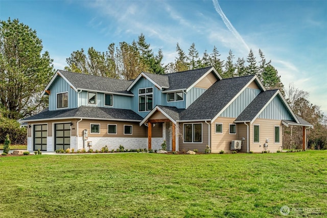 3848 Marine Way, Bellingham, WA 98225 - view of front of house featuring board and batten siding, stone siding, a front lawn, and ac unit