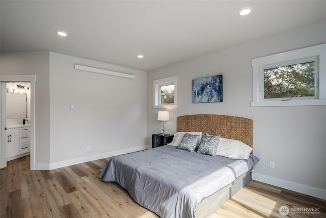 3848 Marine Way, Bellingham, WA 98225 - bedroom featuring light wood-style floors, baseboards, recessed lighting, and ensuite bathroom