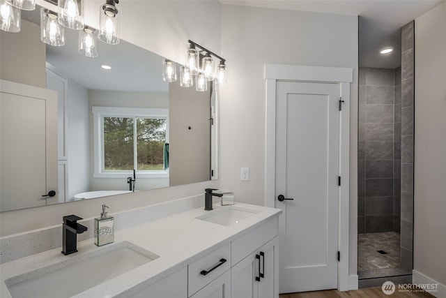 3848 Marine Way, Bellingham, WA 98225 - full bath with double vanity, a tile shower, and recessed lighting