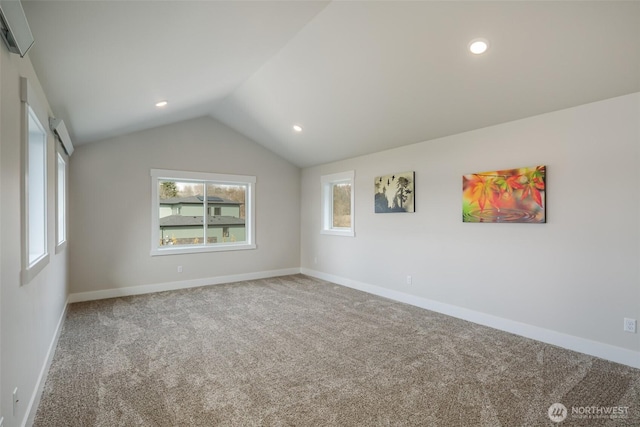 3848 Marine Way, Bellingham, WA 98225 - unfurnished room with carpet, lofted ceiling, baseboards, and recessed lighting