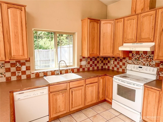 1304 Rosecrans St, Port Townsend, WA 98368 - kitchen featuring white appliances, a sink, under cabinet range hood, decorative backsplash, and light tile patterned flooring