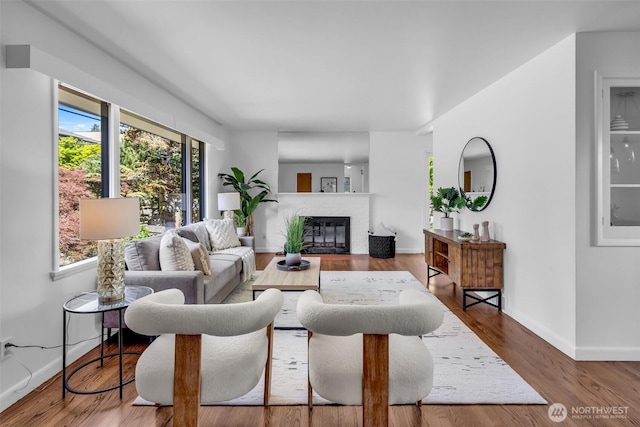 4619 SW Genesee St, Seattle, WA 98116 - living room featuring a fireplace, baseboards, and wood finished floors
