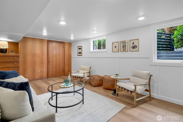 4619 SW Genesee St, Seattle, WA 98116 - living room featuring light wood-style flooring and recessed lighting