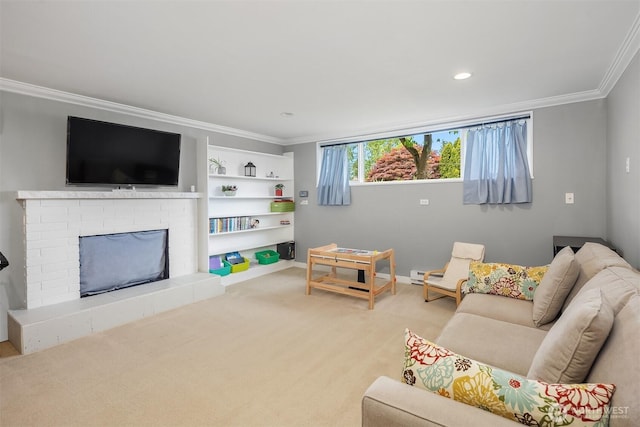 18312 73rd Ave W, Edmonds, WA 98026 - living room with ornamental molding, carpet, a brick fireplace, recessed lighting, and baseboards
