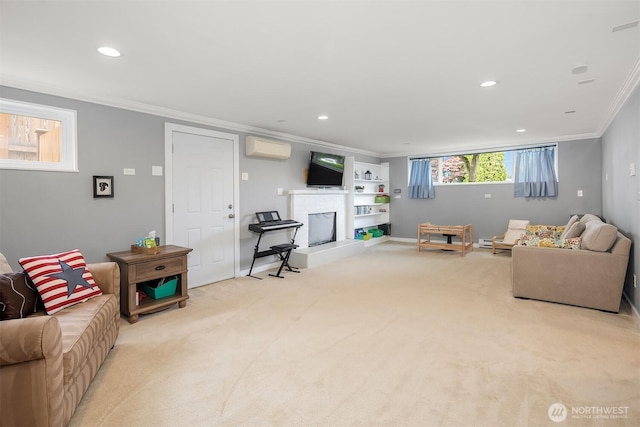 18312 73rd Ave W, Edmonds, WA 98026 - living area with crown molding, a wall mounted air conditioner, light carpet, a fireplace with raised hearth, and recessed lighting