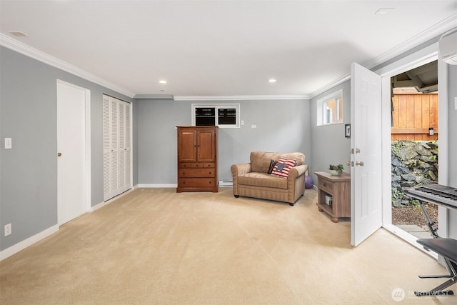 18312 73rd Ave W, Edmonds, WA 98026 - sitting room featuring light colored carpet, a baseboard heating unit, ornamental molding, recessed lighting, and baseboards
