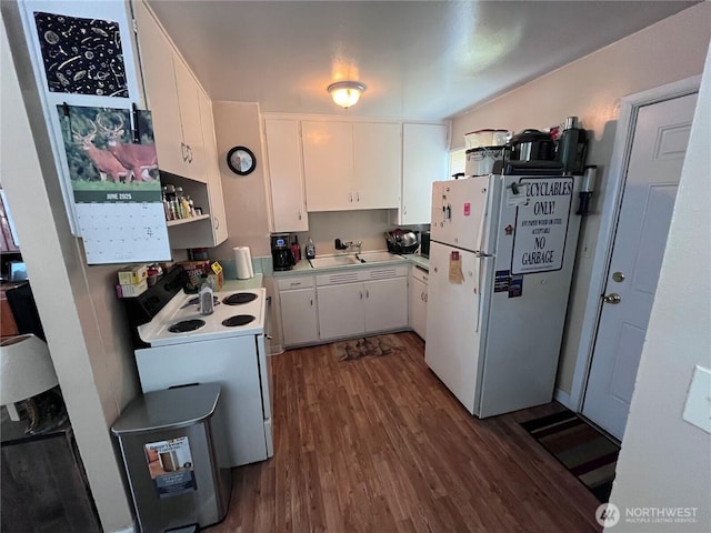 211 Cypress St, Longview, WA 98632 - kitchen with white appliances, dark wood finished floors, white cabinetry, and light countertops