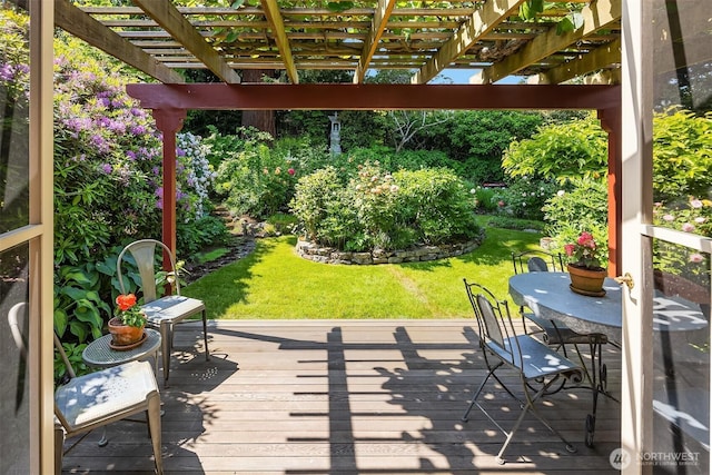 6045 Seward Park Ave S, Seattle, WA 98118 - deck featuring outdoor dining space, a lawn, and a pergola
