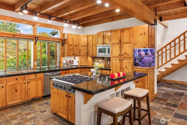 16375 NE 44th Ct, Redmond, WA 98052 - kitchen featuring track lighting, stainless steel appliances, wood ceiling with exposed beams, and stone tile flooring