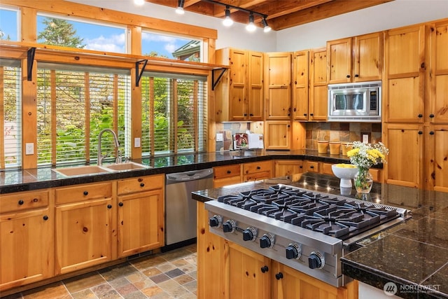 16375 NE 44th Ct, Redmond, WA 98052 - kitchen with a sink, appliances with stainless steel finishes, tile counters, track lighting, and decorative backsplash