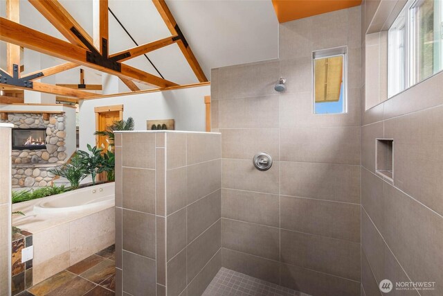 16375 NE 44th Ct, Redmond, WA 98052 - bathroom with a bath, a walk in shower, and vaulted ceiling