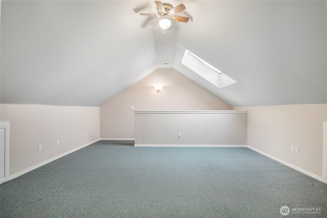 418 158th Pl NW, Arlington, WA 98223 - bonus room featuring a ceiling fan, vaulted ceiling, carpet flooring, a skylight, and baseboards