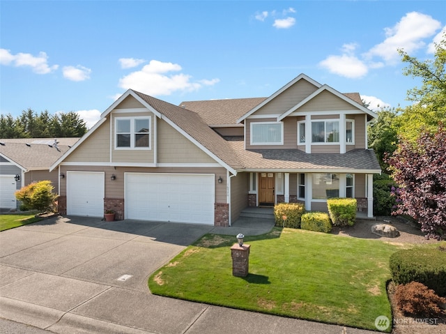 16520 136th Ave E, Puyallup, WA 98374 - craftsman-style house with a porch, brick siding, a front yard, concrete driveway, and a shingled roof