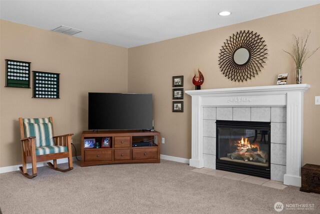 16520 136th Ave E, Puyallup, WA 98374 - carpeted living room featuring a fireplace, baseboards, and recessed lighting