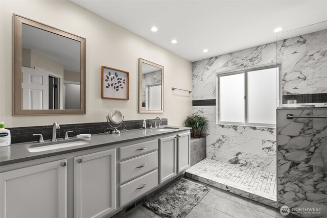 16520 136th Ave E, Puyallup, WA 98374 - bathroom featuring double vanity, recessed lighting, and a walk in shower