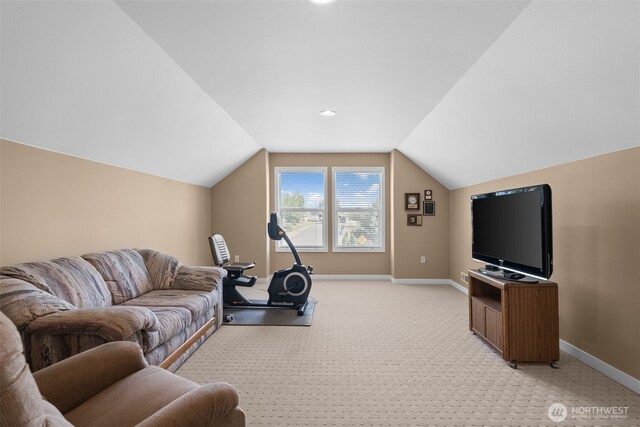 16520 136th Ave E, Puyallup, WA 98374 - living area featuring baseboards, light colored carpet, and vaulted ceiling