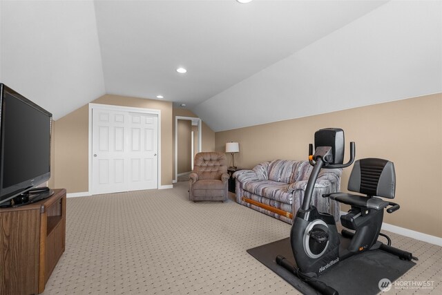 16520 136th Ave E, Puyallup, WA 98374 - exercise area with lofted ceiling, light carpet, baseboards, and recessed lighting