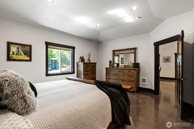 335 Brown Rd, Chehalis, WA 98532 - bedroom with recessed lighting, vaulted ceiling, tile patterned floors, and baseboards