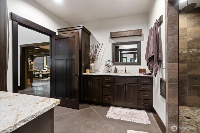 335 Brown Rd, Chehalis, WA 98532 - bathroom featuring vanity, walk in shower, tile patterned floors, and recessed lighting