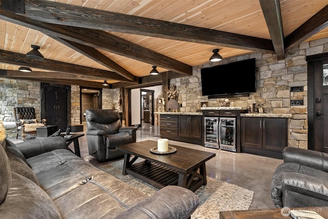 335 Brown Rd, Chehalis, WA 98532 - living area featuring beverage cooler, wood ceiling with exposed beams, concrete floors, and bar area