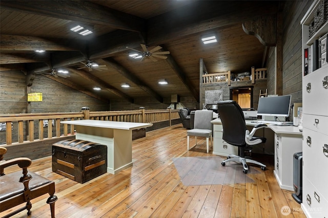 335 Brown Rd, Chehalis, WA 98532 - office area with wood walls, ceiling fan, light wood-style flooring, and wood ceiling