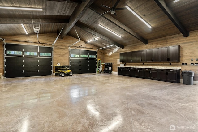 335 Brown Rd, Chehalis, WA 98532 - garage featuring wooden walls, wood ceiling, and ceiling fan