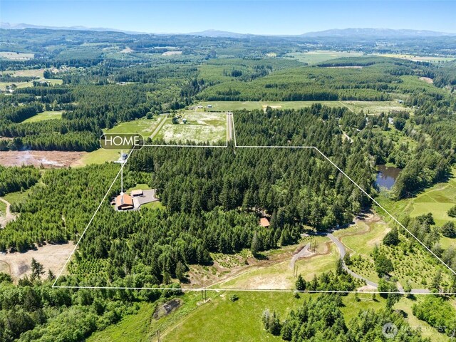 335 Brown Rd, Chehalis, WA 98532 - aerial view of property and surrounding area with property parcel outlined, a heavily wooded area, and a mountainous background