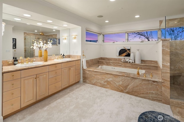 7 10th Ave, Kirkland, WA 98033 - full bath featuring a shower with shower door, a garden tub, crown molding, double vanity, and recessed lighting