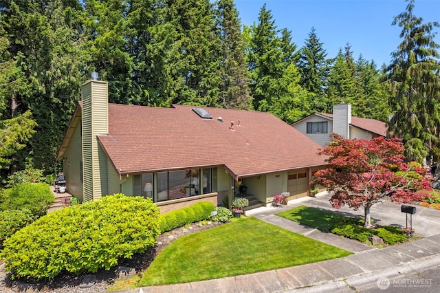 924 S 245th Pl, Des Moines, WA 98198 - view of front of property with a chimney, a shingled roof, an attached garage, and a front yard