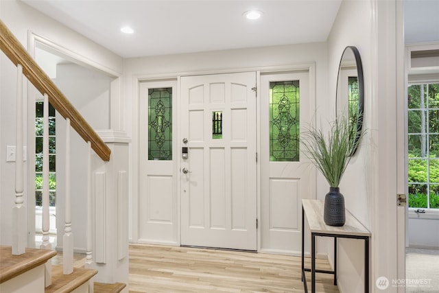 11750 NE 36th Pl, Bellevue, WA 98005 - entrance foyer with stairs, light wood finished floors, and recessed lighting