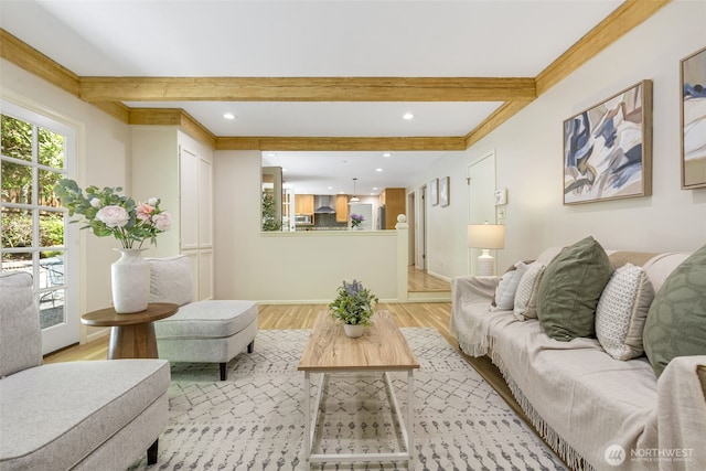 11750 NE 36th Pl, Bellevue, WA 98005 - living area with light wood finished floors, beamed ceiling, and recessed lighting