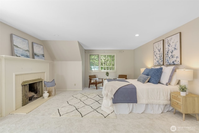 11750 NE 36th Pl, Bellevue, WA 98005 - bedroom featuring carpet flooring, recessed lighting, and a brick fireplace