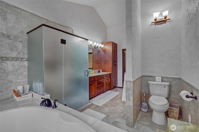 13311 SE 290th St, Auburn, WA 98092 - full bathroom with a textured wall, toilet, vanity, and vaulted ceiling