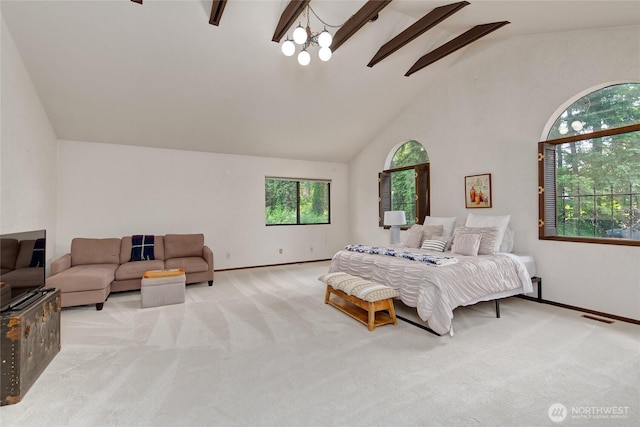 13311 SE 290th St, Auburn, WA 98092 - carpeted bedroom featuring a chandelier, baseboards, high vaulted ceiling, and beam ceiling