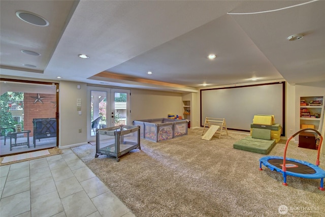 13311 SE 290th St, Auburn, WA 98092 - recreation room featuring french doors, recessed lighting, baseboards, a tray ceiling, and tile patterned floors