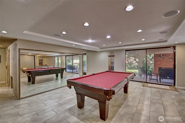 13311 SE 290th St, Auburn, WA 98092 - playroom with billiards, a raised ceiling, recessed lighting, baseboards, and light tile patterned floors