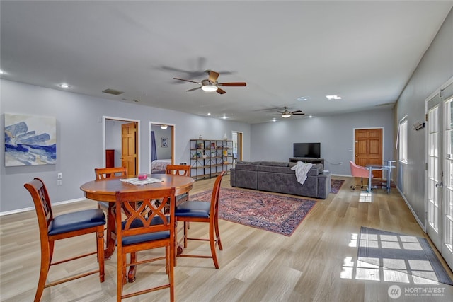 13311 SE 290th St, Auburn, WA 98092 - dining area featuring light wood-type flooring, ceiling fan, baseboards, and recessed lighting