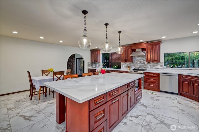 13311 SE 290th St, Auburn, WA 98092 - kitchen with appliances with stainless steel finishes, dark brown cabinets, light marble finish floors, decorative backsplash, and recessed lighting